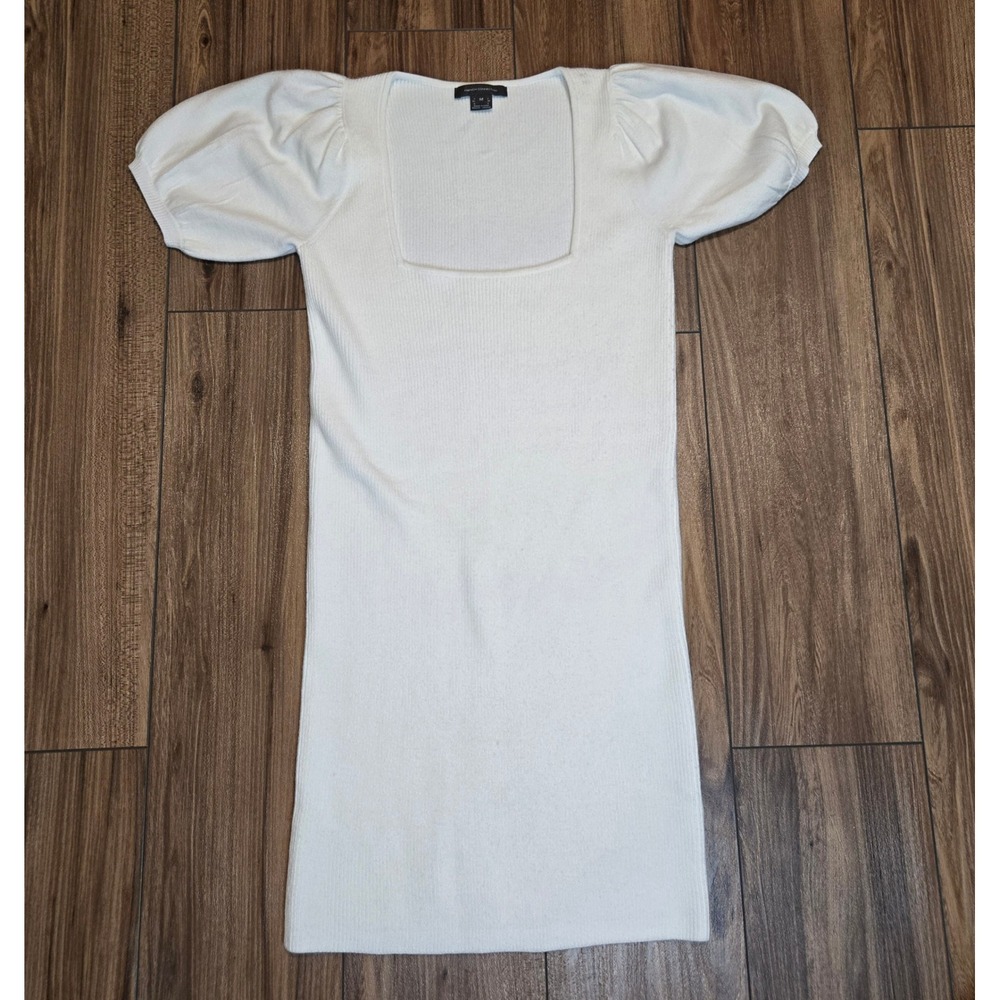 French Connection White Square‎ Neck Puff Sleeve Ribbed Knit Dress M